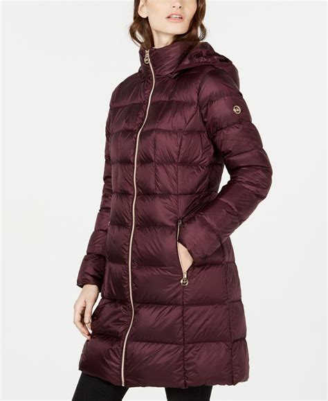 michael kors hooded long packable down puffer coat|Michael Kors lightweight down jacket.